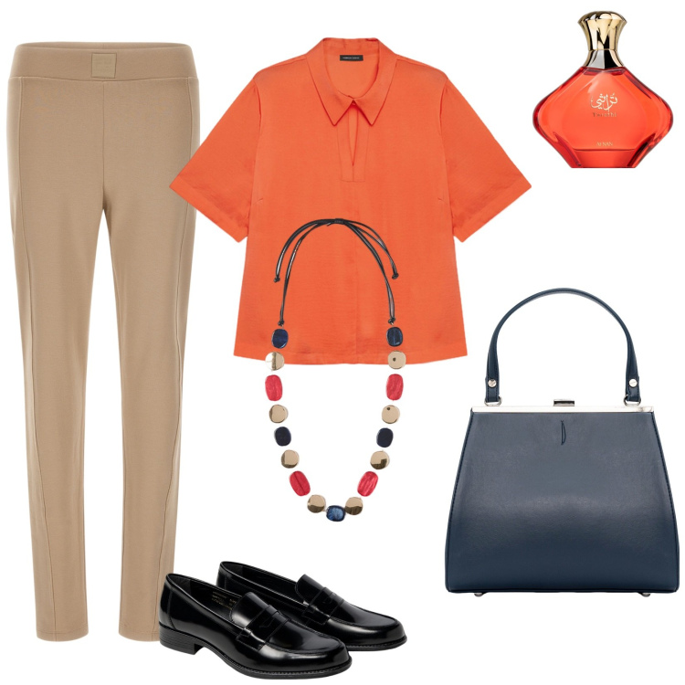 Outfit donna - In ufficio a fine agosto. Stile Bon Ton per Ufficio. Abbinamento con profumi, pantaloni, clutch, bluse, mocassini, collane.