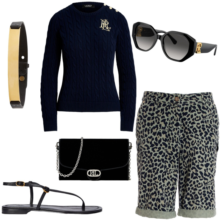 Outfit donna - Tempo libero. Stile Casual per Tutti i giorni. Abbinamento con bermuda, occhiali da sole, maglieria, sandali in pelle, collane, borse a tracolla.