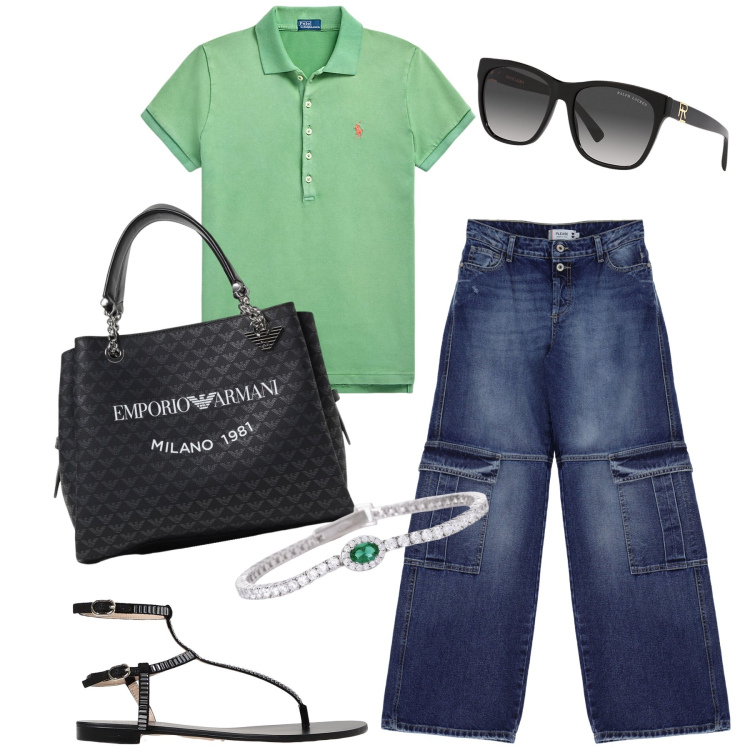 Outfit donna - Total look. Stile Sporty chic per Tutti i giorni. Abbinamento con braccialetti, jeans, occhiali da sole, polo, borse a mano, sandali.