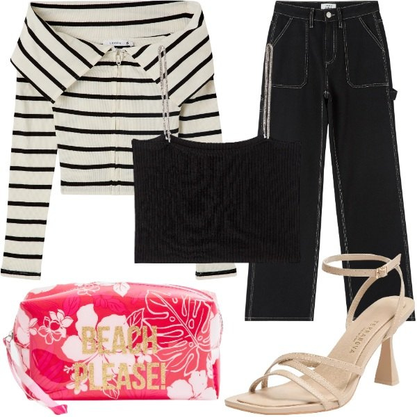 Outfit donna - Back To .... Stile Glamour per Serata fuori. Abbinamento con cardigans, pantaloni, sandali col tacco, top, valigie.