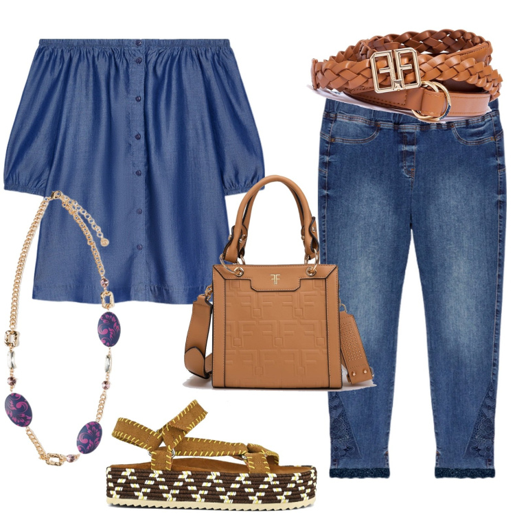 Outfit donna - Ufficio. Stile Casual per Ufficio. Abbinamento con borse tote, cinture, sandali, bluse, jeggings, ciondoli.