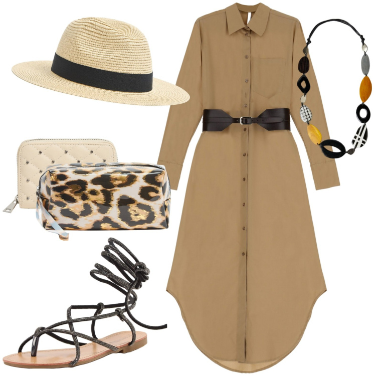 Outfit donna - In città. Stile Casual chic per Tutti i giorni. Abbinamento con cappelli, sandali alla schiava, valigie, portafogli, vestiti lunghi, collane.