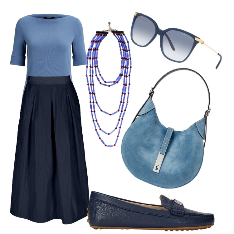 Outfit donna - Da Lunedì. Stile Urban per Tutti i giorni. Abbinamento con borse a spalla, mocassini, t-shirt, occhiali da sole, gonne, collane.