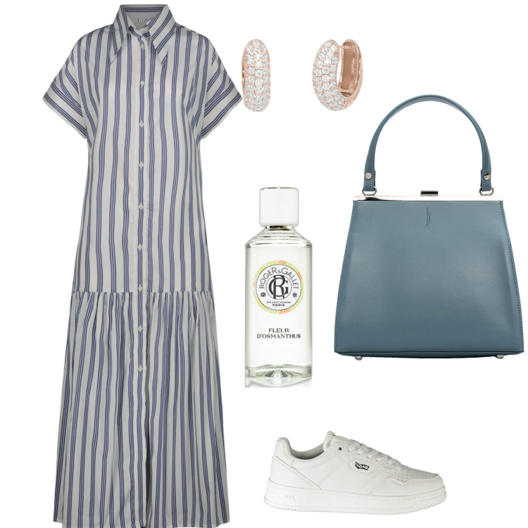 Outfit donna - L\' essenziale. Stile Sporty chic per Tutti i giorni. Abbinamento con profumi, orecchini, vestiti chemisier, sneakers, clutch.