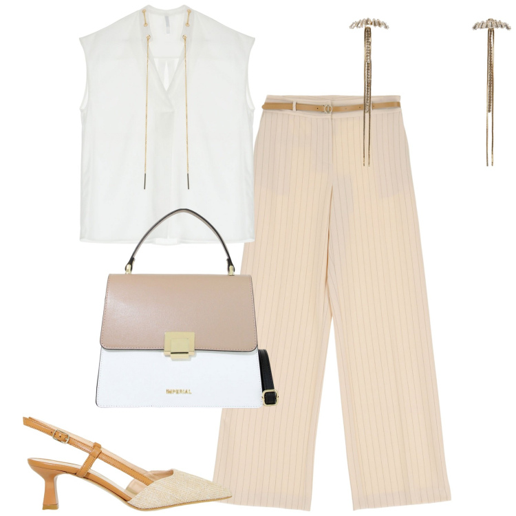 Outfit donna - Rientro in città. Stile Casual chic per Tutti i giorni. Abbinamento con orecchini, pantaloni, canottiere, borse a spalla, sandali col tacco.