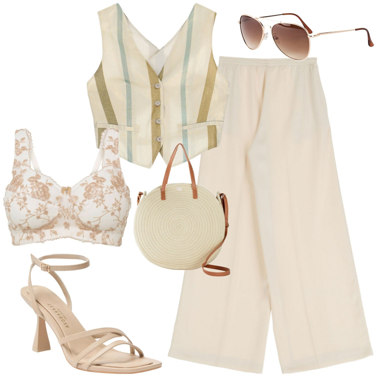 Outfit donna - Agosto. Stile Casual chic per Tutti i giorni. Abbinamento con occhiali da sole, reggiseni, borse a tracolla, sandali col tacco, gilet, pantaloni a palazzo.