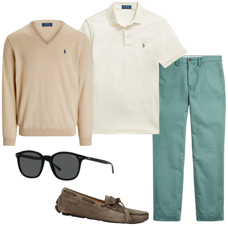 Outfit uomo - Pull scollo a V. Stile Casual per Tutti i giorni. Abbinamento con scarpe stringate, pantaloni, occhiali da sole, polo, maglieria.