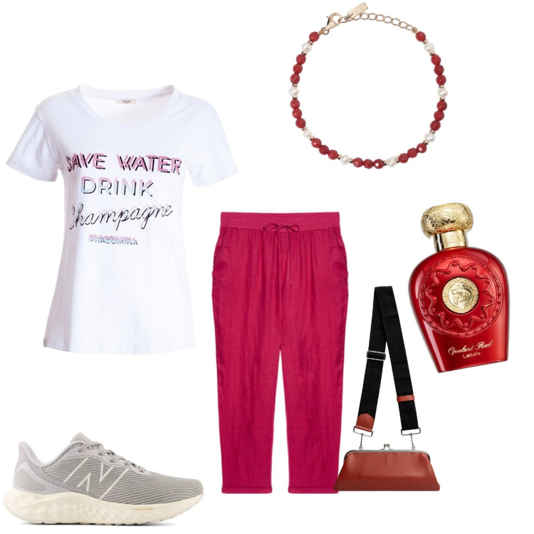 Outfit donna - Piu´semplice di cosi´. Stile Basic per Tutti i giorni. Abbinamento con profumi, braccialetti, sneakers, t-shirt, pantaloni, clutch.