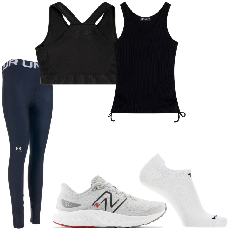 Outfit donna - Rientro in palestra. Stile Basic per Sport. Abbinamento con sneakers, calzini, reggiseni, canottiere, leggings.