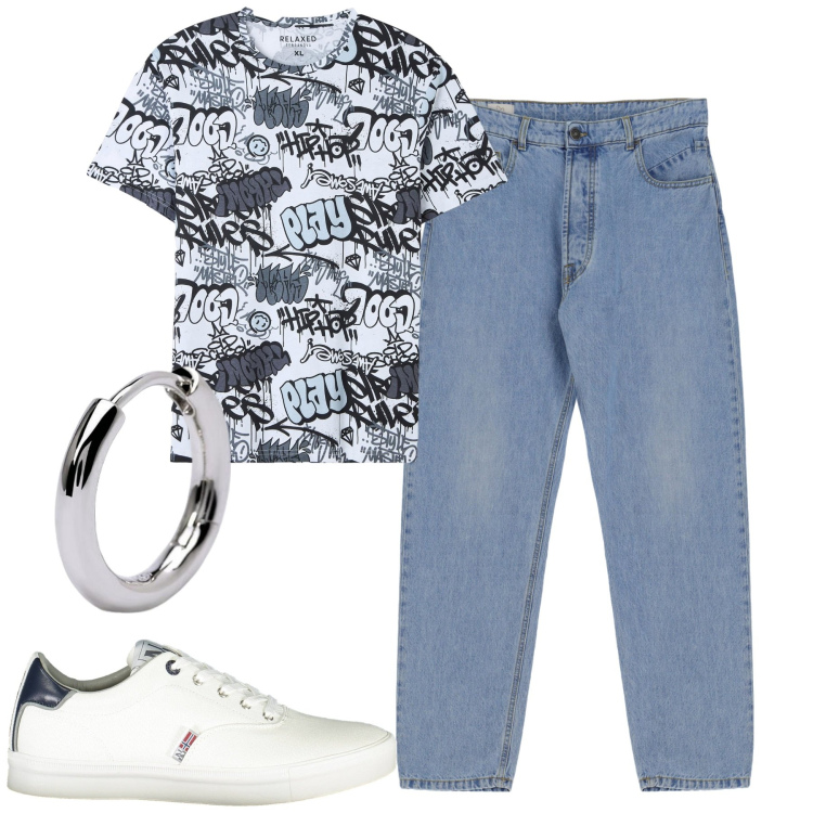Outfit uomo - Total look #1945575. Stile Casual per Tutti i giorni. Abbinamento con t-shirt, orecchini, jeans slim fit, scarpe sportive.