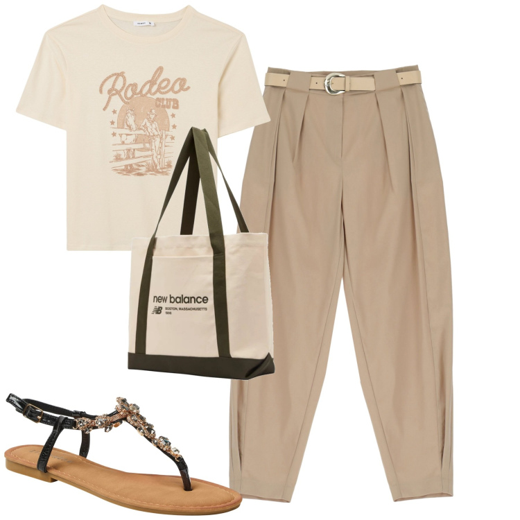 Outfit donna - Basic summer. Stile Basic per Tutti i giorni. Abbinamento con borse tote, t-shirt, sandali gioiello, pantaloni.