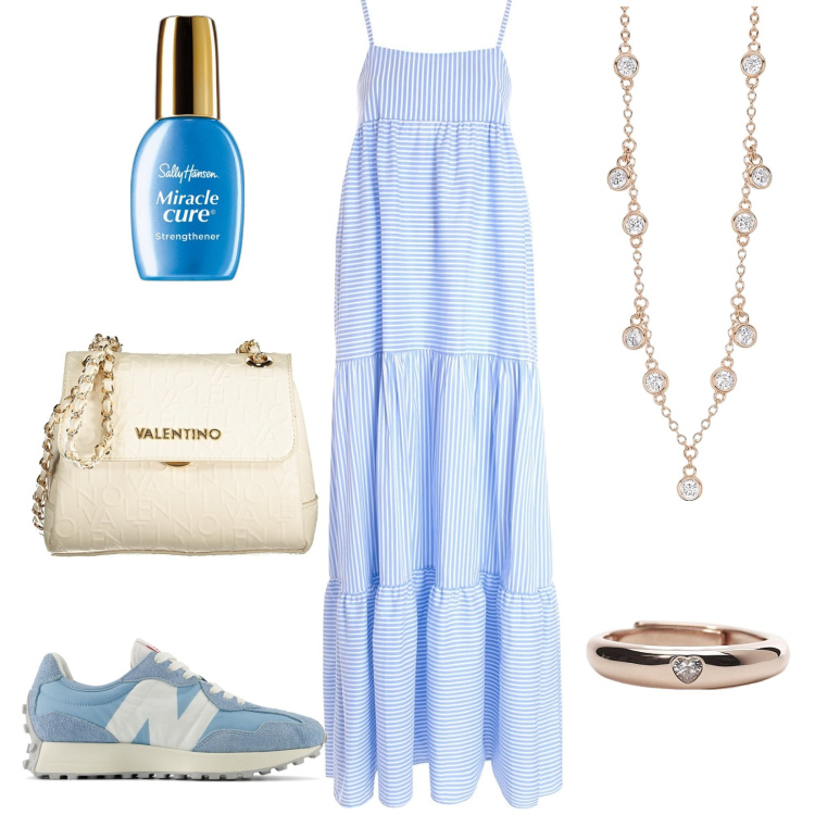 Outfit donna - Lungo di giorno. Stile Casual chic per Tutti i giorni. Abbinamento con smalti, collane, anelli, sneakers, vestiti lunghi, borse a spalla.