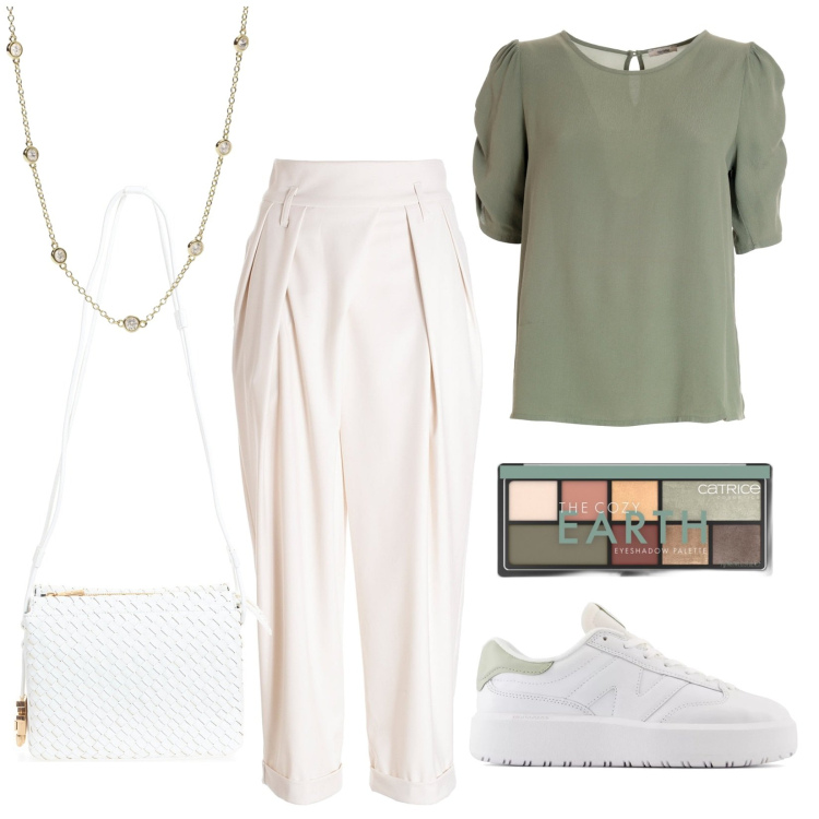 Outfit donna - Natural colors. Stile Minimal per Ufficio. Abbinamento con ombretti, collane, sneakers, pantaloni, bluse, borse a tracolla.