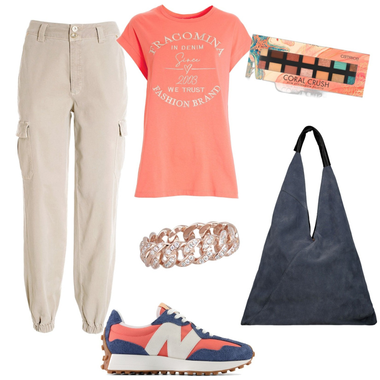 Outfit donna - Al centro commerciale. Stile Minimal per Tutti i giorni. Abbinamento con ombretti, anelli, sneakers, pantaloni cargo, t-shirt, borse a spalla.