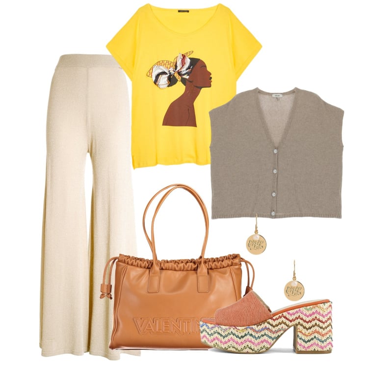 Outfit donna - Back to my free afternoon. Stile Bon Ton per Tutti i giorni. Abbinamento con gilet, pantaloni a palazzo, t-shirt, orecchini, sandali, borse a spalla.