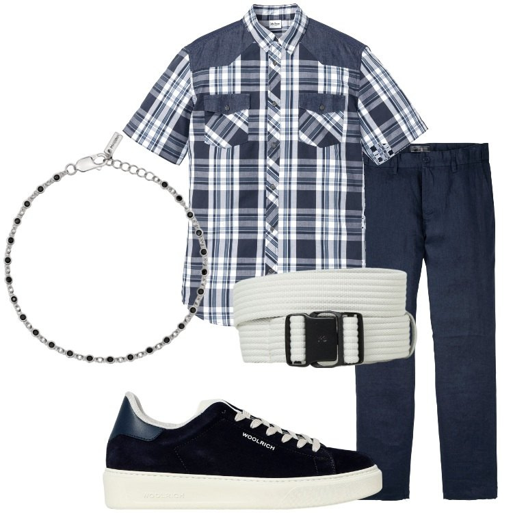Outfit uomo - In ufficio ad Agosto. Stile Casual per Ufficio. Abbinamento con camicie a manica corta, pantaloni, braccialetti, cinture, sneakers.