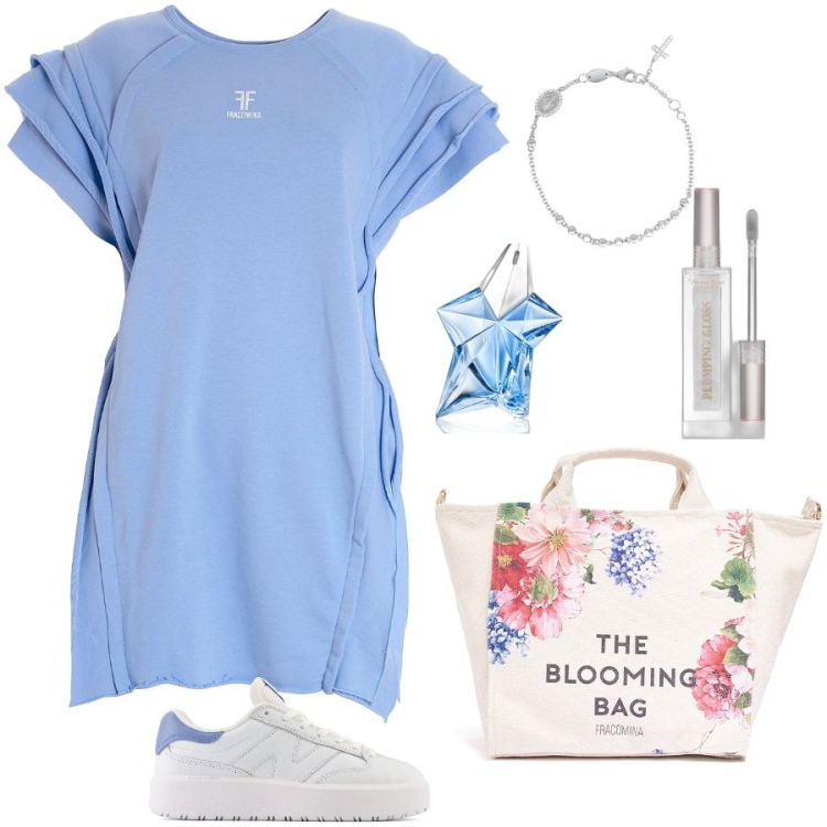 Outfit donna - Rientro in città. Stile Casual per Tutti i giorni. Abbinamento con profumi, gloss, braccialetti con ciondoli, sneakers, vestiti chemisier, borse tote.