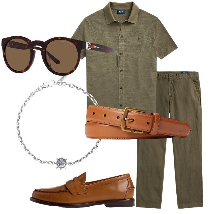 Outfit uomo - Lino leggero. Stile Business/Elegante per Ufficio. Abbinamento con braccialetti, cinture, scarpe stringate, occhiali da sole, pantaloni, maglieria.