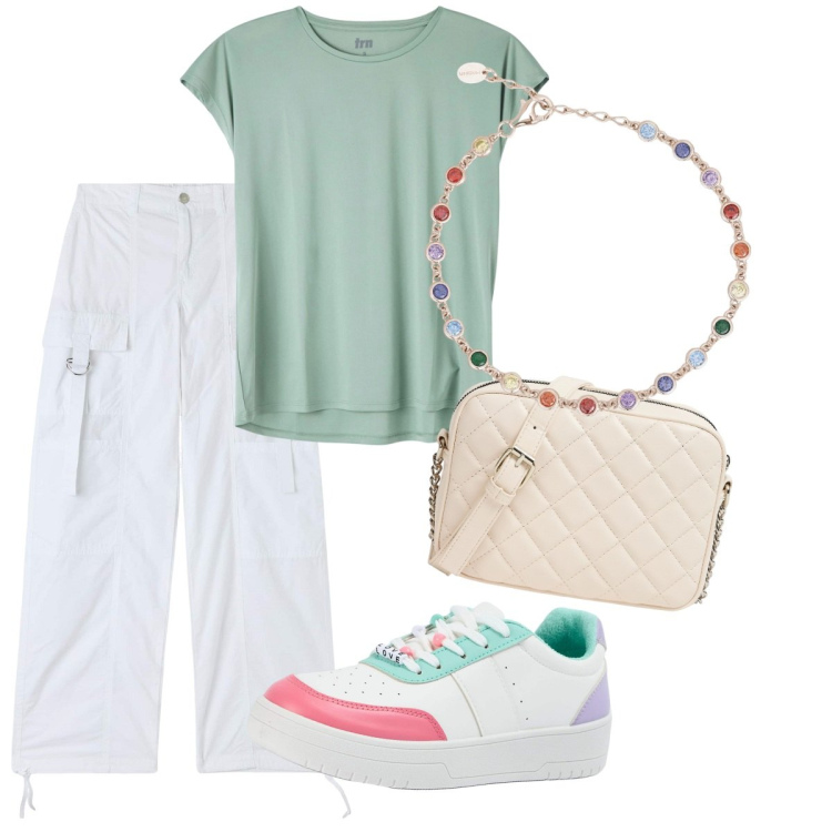 Outfit donna - Terranova -Routine quotidiana. Stile Minimal per Tutti i giorni. Abbinamento con pantaloni cargo, t-shirt, sneakers, borse a tracolla, braccialetti.