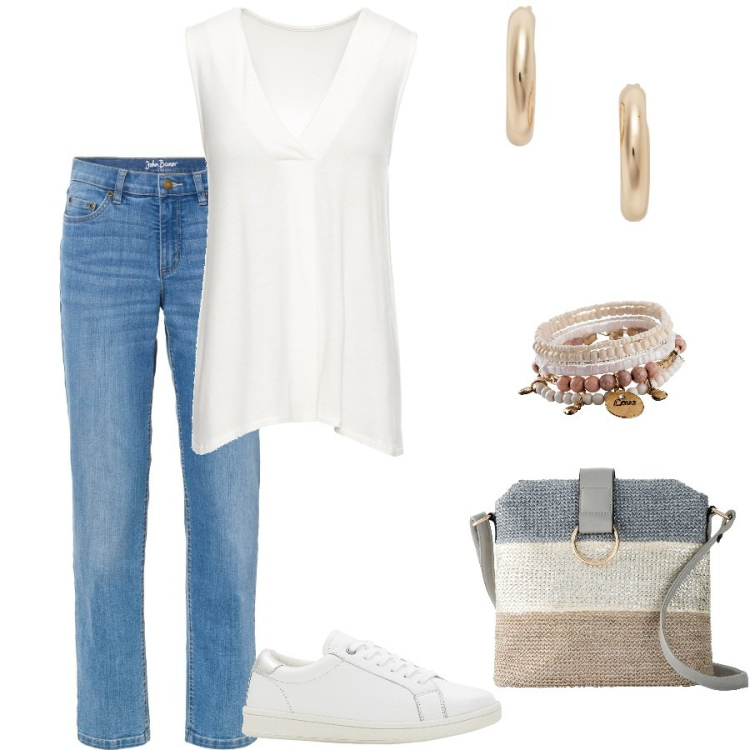 Outfit donna - In città. Stile Casual per Tutti i giorni. Abbinamento con top, braccialetti, sneakers, borse a tracolla, jeans dritti, orecchini.