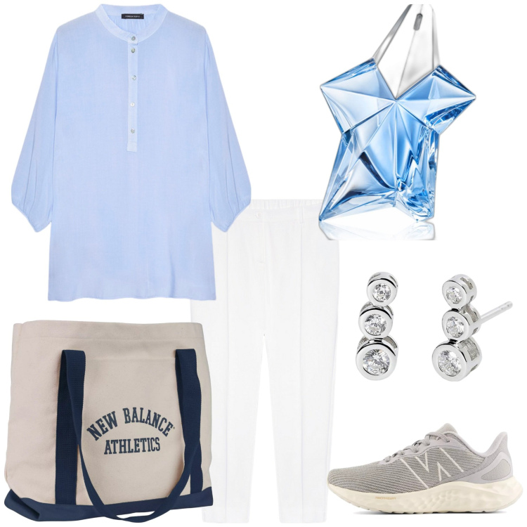 Outfit donna - Casual per il rientro. Stile Casual per Tutti i giorni. Abbinamento con profumi, orecchini, sneakers, borse tote, bluse, pantaloni.