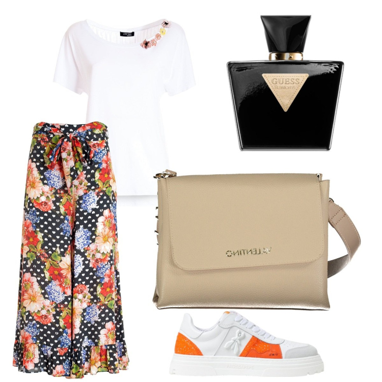 Outfit donna - Comodamente a mio agio. Stile Urban per Tutti i giorni. Abbinamento con profumi, pantaloni, t-shirt, sneakers, borse a spalla.