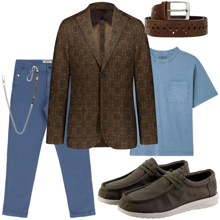 Outfit uomo - Eleganza innata. Stile Trendy per Ufficio. Abbinamento con t-shirt, pantaloni chino, collane, cinture, giacche, scarpe stringate.