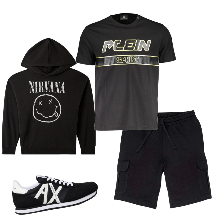 Outfit uomo - Total look #1945736. Stile Casual per Tutti i giorni. Abbinamento con bermuda, felpe con cappuccio, t-shirt, sneakers.