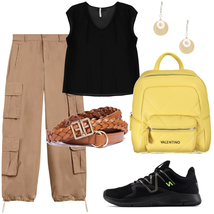 Outfit donna - Back to - rientro a scuola. Stile Casual per Scuola/Università. Abbinamento con top, sneakers, pantaloni cargo, cinture, orecchini, zaini.
