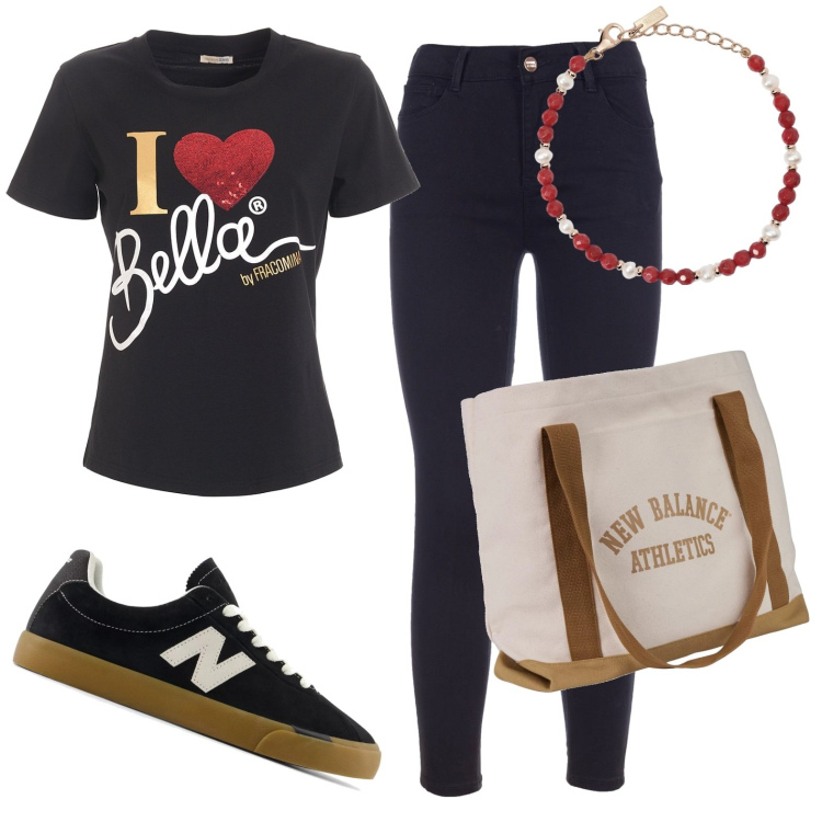 Outfit donna - Total look #1945762. Stile Casual Abbinamento con braccialetti, sneakers, borse tote, jeans skinny, t-shirt.