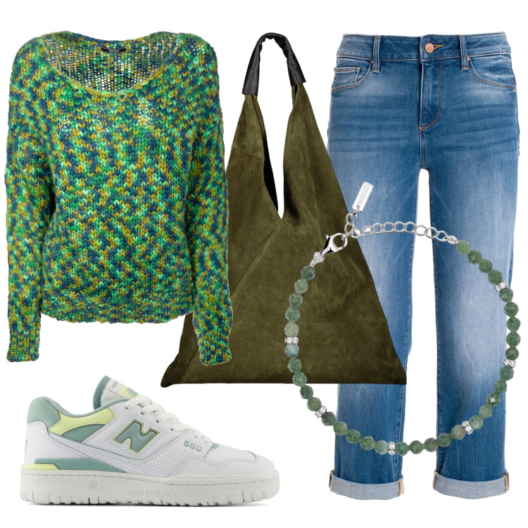 Outfit donna - Total look #1945764. Stile Casual Abbinamento con braccialetti, sneakers, jeans boyfriend, maglieria, borse a spalla.