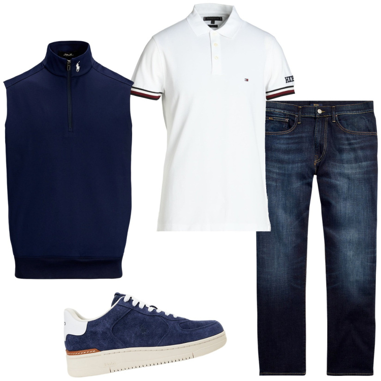 Outfit uomo - La polo Tommy H.. Stile Casual per Tutti i giorni. Abbinamento con polo, jeans dritti, sneakers, gilet.
