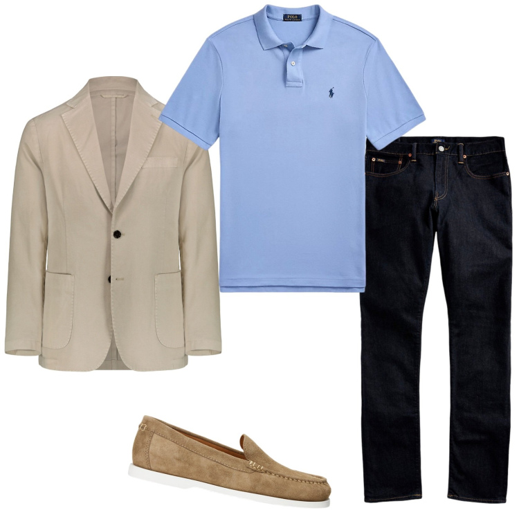 Outfit uomo - Agosto in ufficio. Stile Casual per Ufficio. Abbinamento con jeans, scarpe stringate, polo, giacche.