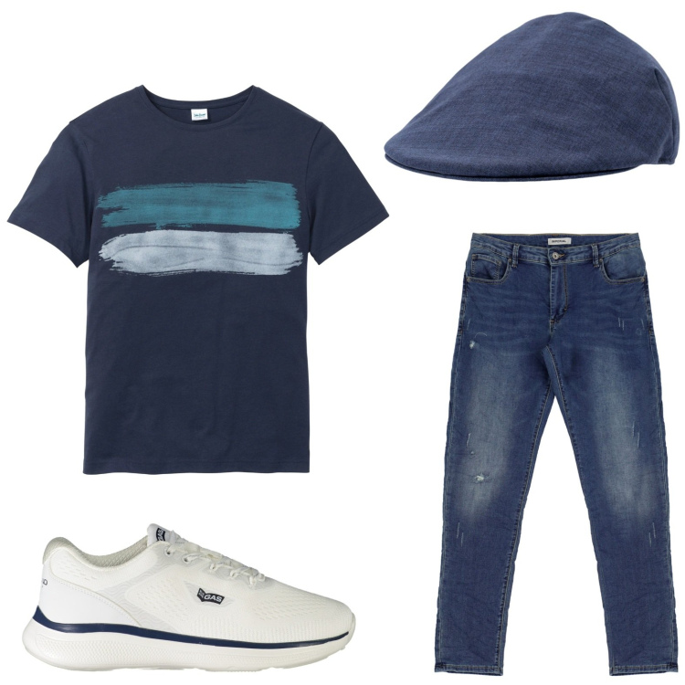 Outfit uomo - Tempo libero. Stile Trendy per Tutti i giorni. Abbinamento con t-shirt, jeans slim fit, sneakers, cappelli.