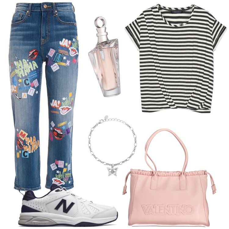 Outfit donna - Must have di fine estate. Stile Casual per Tutti i giorni. Abbinamento con profumi, braccialetti con ciondoli, sneakers, jeans, t-shirt, borse a spalla.