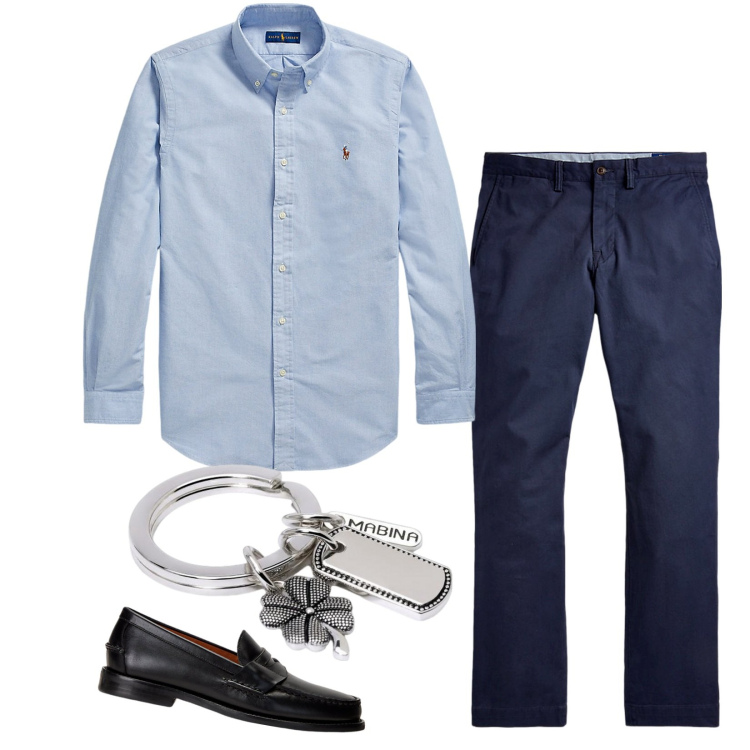 Outfit uomo - Con l\'auto nuova. Stile Casual per Tutti i giorni. Abbinamento con portachiavi, camicie, pantaloni, scarpe stringate.