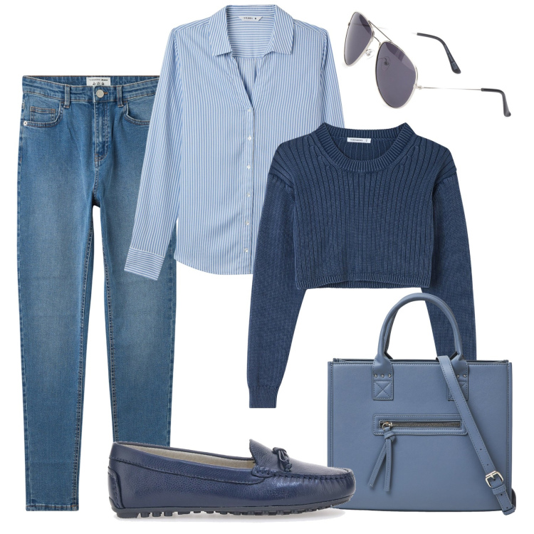 Outfit donna - Primo giorno all’università. Stile Casual per Scuola/Università. Abbinamento con jeans skinny, camicie, maglieria, shopping bag, mocassini, occhiali da sole.