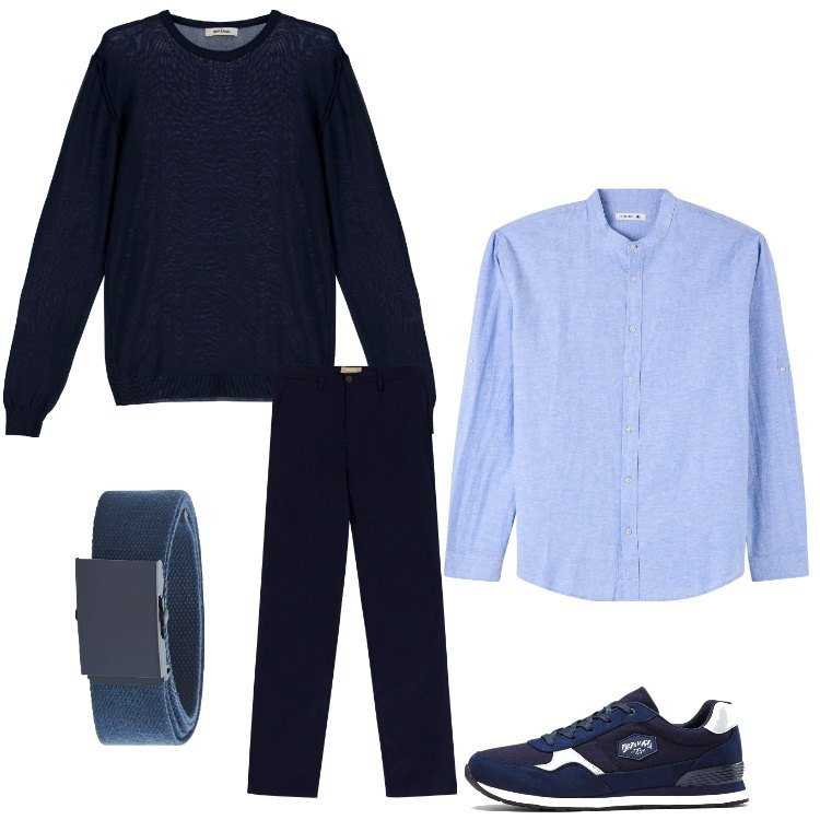 Outfit uomo - Tutto blu. Stile Casual per Ufficio. Abbinamento con sneakers, camicie, cinture, pullovers, pantaloni chino.