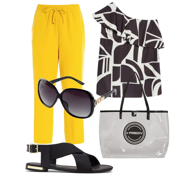 Outfit donna - Rientro in ufficio. Stile Bon Ton per Ufficio. Abbinamento con occhiali da sole, sandali, pantaloni, shopping bag, vestiti corti.