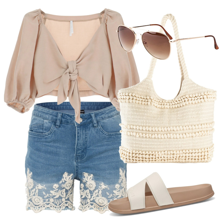 Outfit donna - Ultimi giorni d\'estate. Stile Casual per Tutti i giorni. Abbinamento con occhiali da sole, shopping bag, shorts, sandali, top.
