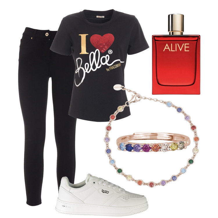 Outfit donna - Con un arcobaleno luminoso. Stile Casual per Tutti i giorni. Abbinamento con profumi, anelli, braccialetti, t-shirt, jeans, sneakers.