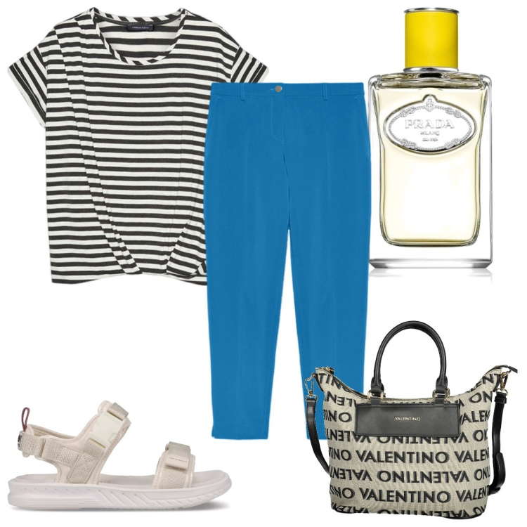 Outfit donna - Il viaggio di ritorno. Stile Trendy per Tutti i giorni. Abbinamento con profumi, sandali, t-shirt, pantaloni, borse a spalla.
