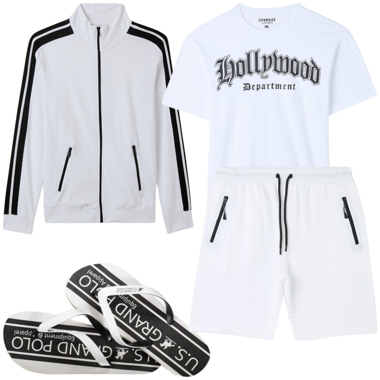 Outfit uomo - Fresco e comodo. Stile Casual per Tutti i giorni. Abbinamento con pantaloncini sportivi, bermuda, t-shirt, giacche sportive, sandali.
