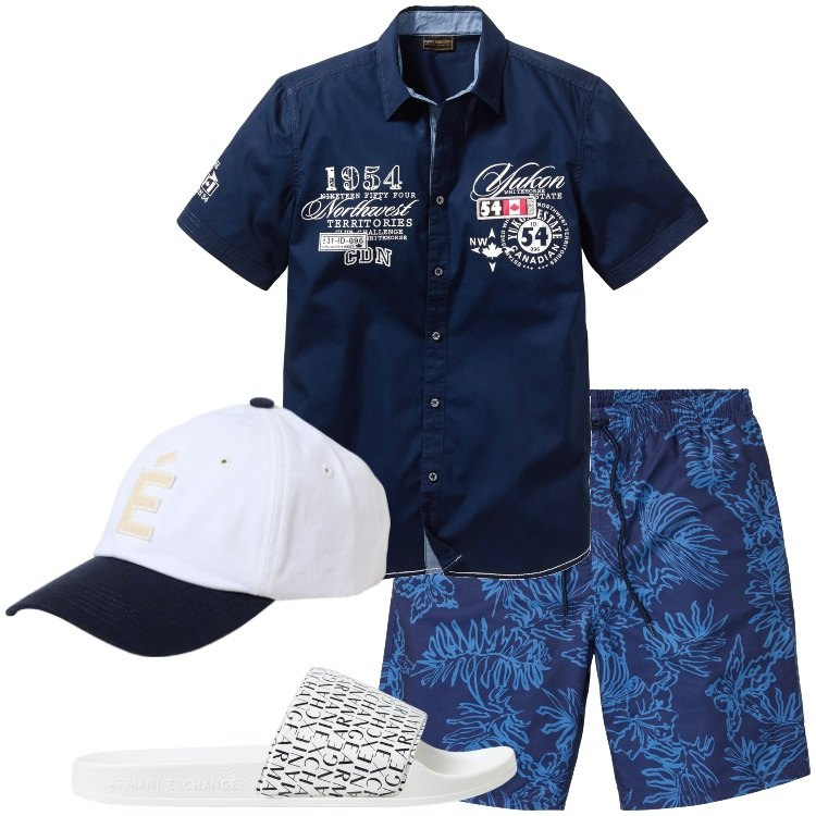 Outfit uomo - Blu navy per i look da mare. Stile Casual per Mare. Abbinamento con camicie a manica corta, pantaloni corti, sandali, cappelli.