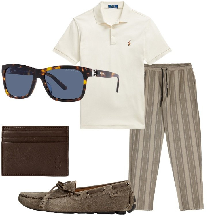 Outfit uomo - In ufficio ad Agosto. Stile Trendy per Ufficio. Abbinamento con pantaloni, scarpe stringate, portafogli, occhiali da sole, polo.