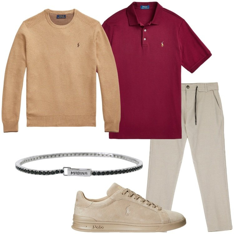 Outfit uomo - Un maglioncino per la sera. Stile Casual per Serata speciale. Abbinamento con pantaloni, braccialetti, sneakers, polo, maglieria.