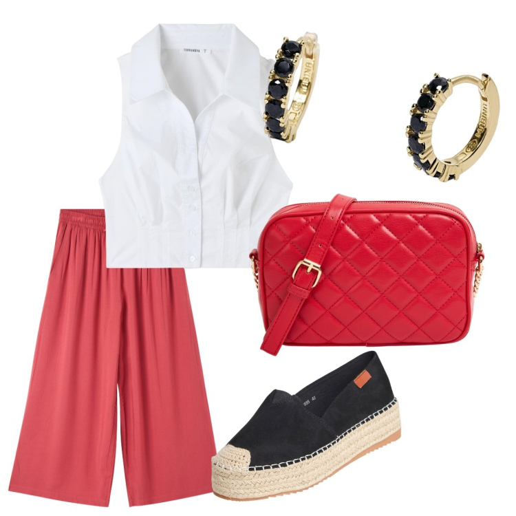Outfit donna - Terranova Back To. Stile Minimal per Tutti i giorni. Abbinamento con pantaloni a palazzo, camicie, espadrillas, borse a tracolla, orecchini.