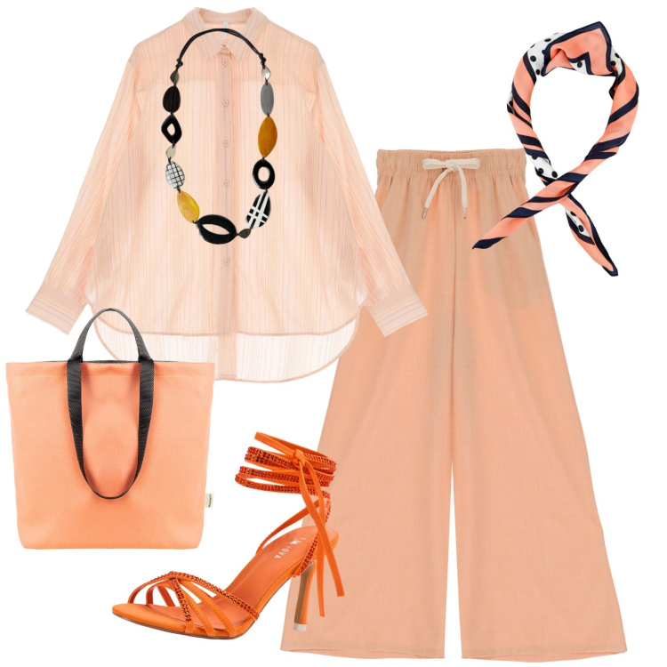 Outfit donna - Total look #1945908. Stile Casual chic per Tutti i giorni. Abbinamento con sandali alla schiava, borse tote, pantaloni a palazzo, foulard, camicie, collane.