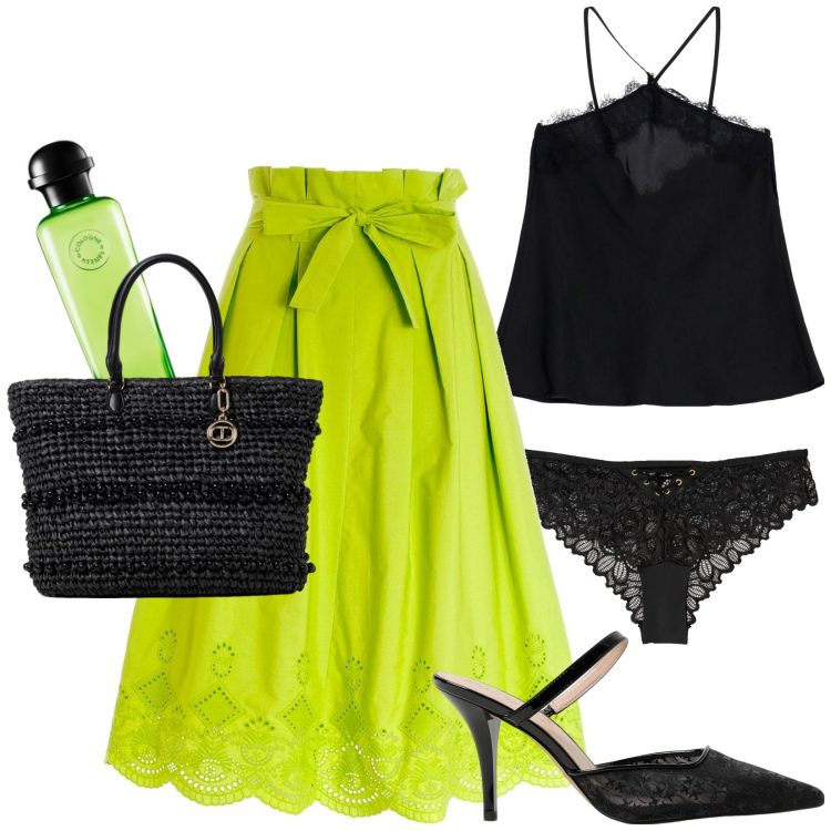 Outfit donna - Top e décolleté in pizzo. Stile Chic per Serata fuori. Abbinamento con culotte, profumi, gonne longuette, top, scarpe col tacco, borse a spalla.