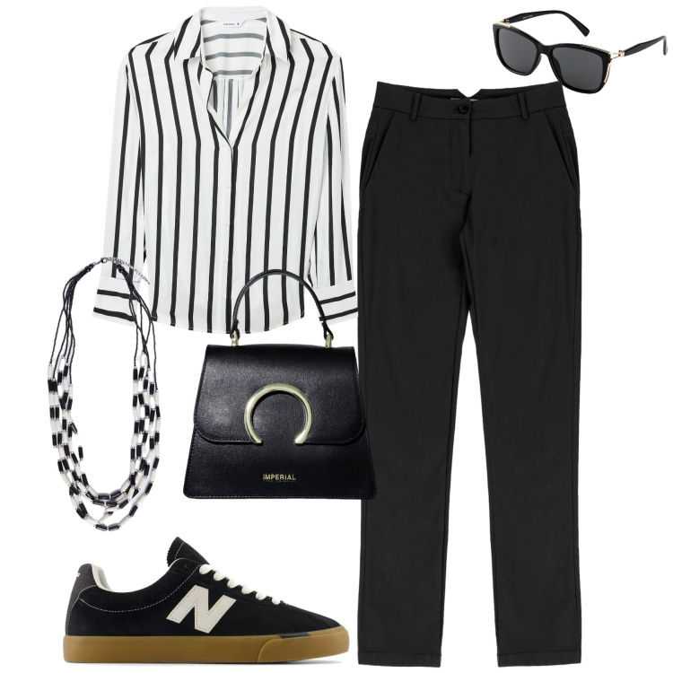 Outfit donna - City. Stile Casual chic per Tutti i giorni. Abbinamento con occhiali da sole, camicie, sneakers, pantaloni skinny, borse a spalla, collane.